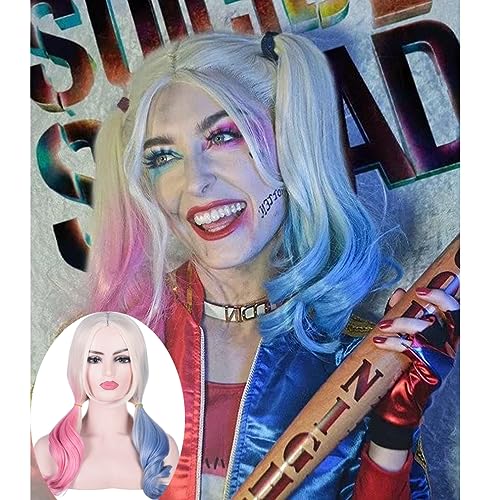 TANTAKO Lange Wellige Blonde Rosa Blau Synthetische Haare Mittelteil Perücken für Damen Mädchen Cosplay Halloween Kostüm Party von TANTAKO