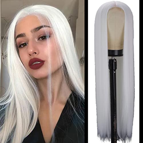 TANTAKO Weisse Perücke Damen, Lange Glatt weiße Perücke mit Lace Synthetische weiße Perücken für Halloween Cosplay von TANTAKO