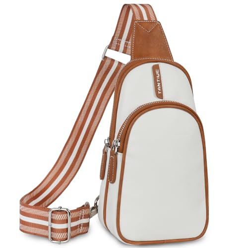 TANTIUE Kleine Schultertasche für Damen, Leder, Bauchtasche, Handytasche, Brusttaschen mit verstellbarem Gitarrengurt, 03-Weißbraun von TANTIUE