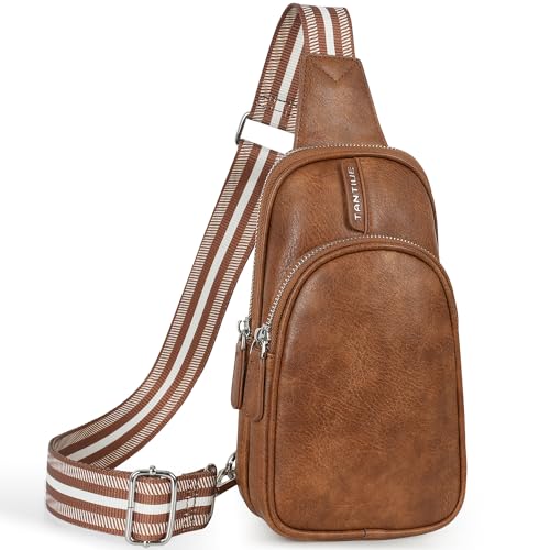 TANTIUE Kleine Schultertasche für Damen, Leder, Bauchtasche, Handytasche, Brusttaschen mit verstellbarem Gitarrengurt, 07-braun von TANTIUE