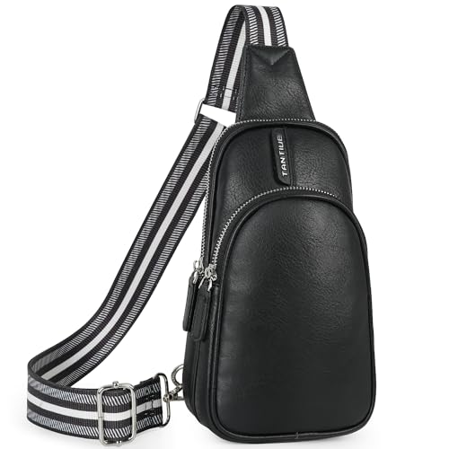 TANTIUE Kleine Schultertasche für Damen, Leder, Bauchtasche, Handytasche, Brusttaschen mit verstellbarem Gitarrengurt, 09-schwarz von TANTIUE