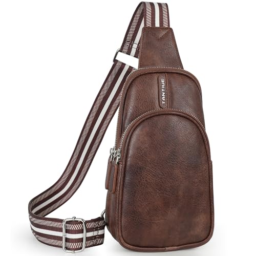 TANTIUE Kleine Schultertasche für Damen, Leder, Bauchtasche, Handytasche, Brusttaschen mit verstellbarem Gitarrengurt, Kaffeebraun von TANTIUE