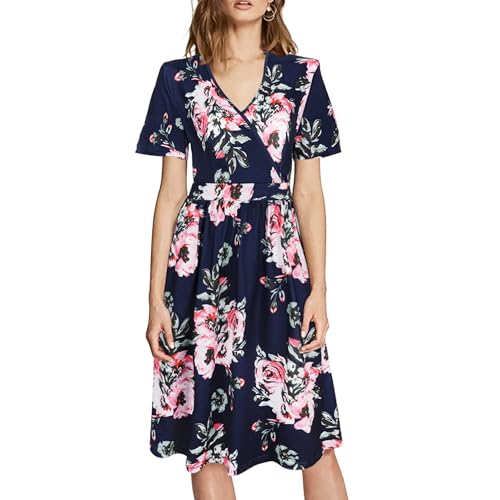 TANTOMI Cocktailkleid Sommerkleid Damen V-Ausschnitt Wickelkleid Damen,Saphirblau Kleider Perfekt für Cocktailpartys, Feste und den Alltag von TANTOMI