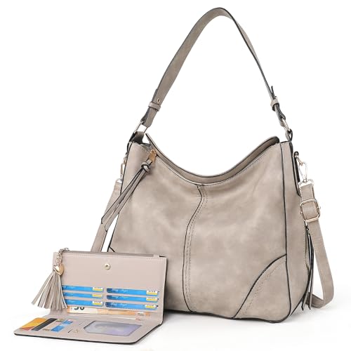 TANTOMI Hobo Bag für Damen, PU-Leder, Umhängetasche, Geldbörse, Set, Eimer, Handtaschen, Schultertasche mit 2 Riemen, Grau TANTOMI Hobo Bag für Damen, PU-Leder, Umhängetasche, Geldbörse, Set, Eimer, Handtaschen, Schultertasche mit 2 Riemen, Grau von TANTOMI
