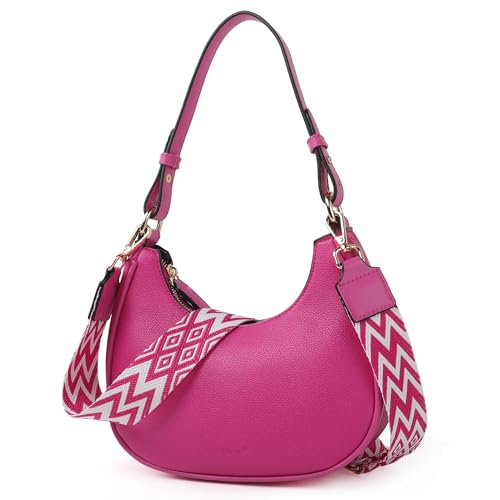 TANTOMI Kleine Umhängetasche für Damen, süße Hobo-Geldbörsen und Handtaschen, Halbmond-Umhängetasche mit Gitarrengurt und Anhänger, Magenta von TANTOMI