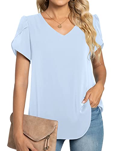 TAOHUADAO Damen 2023 Sommer Casual T-Shirt V-Ausschnitt Tunika Tops für Leggings Chiffon Bluse Shirt, Blütenblatt-hellblau, Large von TAOHUADAO