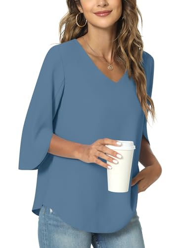 TAOHUADAO Damen Sommer Casual T-Shirt V-Ausschnitt Tunika Tops für Leggings Chiffon Bluse Shirt L, Blau von TAOHUADAO