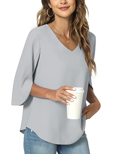 TAOHUADAO Damen Sommer Casual T-Shirt V-Ausschnitt Tunika Tops für Leggings Chiffon Bluse Shirt M, Grau von TAOHUADAO