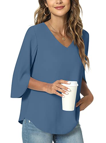 TAOHUADAO Damen 2024 Sommer Casual T-Shirt V-Ausschnitt Tunika Tops für Leggings Chiffon Bluse Shirt, 3/4-Ärmel, Blau, 46 von TAOHUADAO