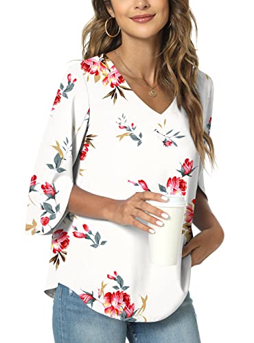 TAOHUADAO Damen 2024 Sommer Casual T-Shirt V-Ausschnitt Tunika Tops für Leggings Chiffon Bluse Shirt, 3/4-Ärmel, Blumenmuster, Weiß, XXL von TAOHUADAO