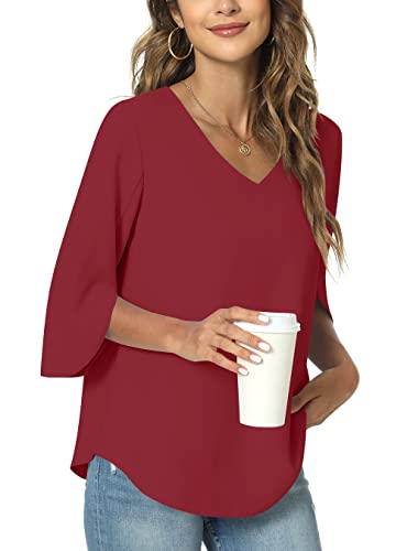 TAOHUADAO Damen 2024 Sommer Casual T-Shirt V-Ausschnitt Tunika Tops für Leggings Chiffon Bluse Shirt, 3/4-Ärmel, rot, XXX-Large von TAOHUADAO