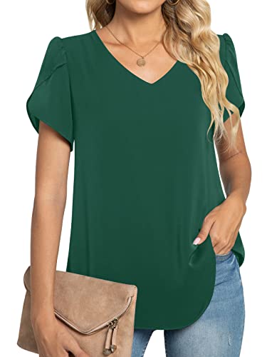 TAOHUADAO Damen 2024 Sommer Casual T-Shirt V-Ausschnitt Tunika Tops für Leggings Chiffon Bluse Shirt, Blütenblatt-Drak-Grün, 48 von TAOHUADAO