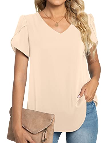 TAOHUADAO Damen 2024 Sommer Casual T-Shirt V-Ausschnitt Tunika Tops für Leggings Chiffon Bluse Shirt, Blütenblatt-Khaki, 48 von TAOHUADAO