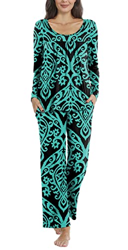 TAOHUADAO Damen Herbst 2-teiliges Pyjama-Set, langärmelig, plissiert, Tunika, Tops mit bequemer Hose, Lounge-Nachtwäsche, Damen-Pyjama-Sets mit Taschen, 09/Fl Blau-grün, 46 von TAOHUADAO