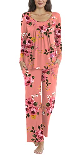 TAOHUADAO Damen Herbst Pyjama Sets, 2 Stück Lounge Nachtwäsche Damen Pjs Sets mit Taschen, 09 Pfirsichrosa, XL von TAOHUADAO