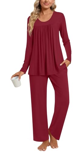 TAOHUADAO Damen Herbst Pyjama Sets, 2 Stück Lounge Nachtwäsche Damen Pjs Sets mit Taschen, 09 Weinrot, L von TAOHUADAO