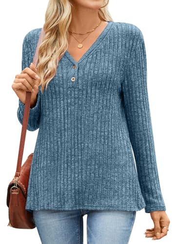 TAOHUADAO Damen Pullover Herbst V-Ausschnitt Sweatshirt Winter Strickpullover M, Blau von TAOHUADAO