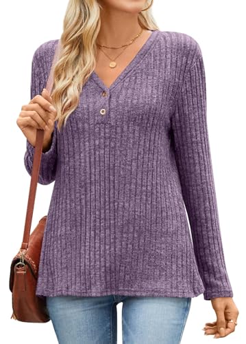 TAOHUADAO Damen Pullover Herbst V-Ausschnitt Sweatshirt Winter Strickpullover M, Lila von TAOHUADAO