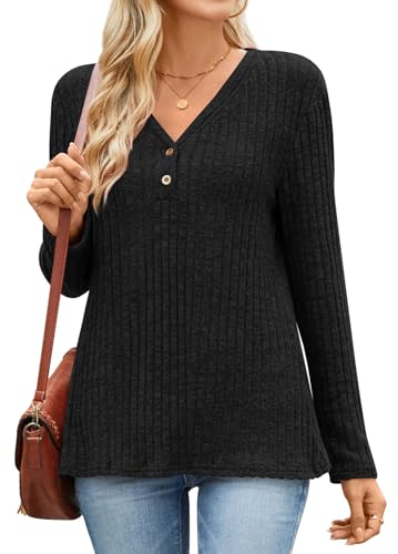 TAOHUADAO Damen Pullover Herbst V-Ausschnitt Sweatshirt Winter Strickpullover M, Schwarz von TAOHUADAO