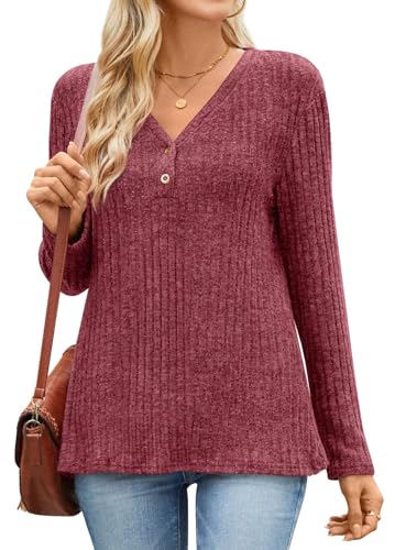 TAOHUADAO Damen Pullover Herbst V-Ausschnitt Sweatshirt Winter Strickpullover S, Rot von TAOHUADAO