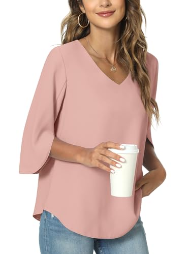 TAOHUADAO Damen Sommer Casual T-Shirt V-Ausschnitt Tunika Tops für Leggings Chiffon Bluse Shirt 3XL, Rosa von TAOHUADAO