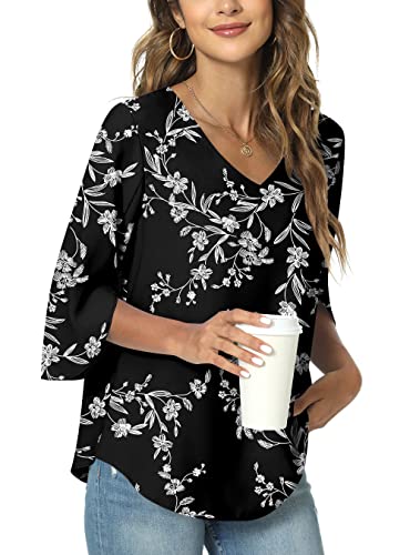 TAOHUADAO Damen Sommer Casual T-Shirt V-Ausschnitt Tunika Tops für Leggings Chiffon Bluse Shirt 3XL, Weiß-Schwarze Röschen von TAOHUADAO