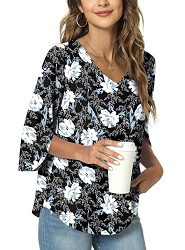 TAOHUADAO Damen Sommer Casual T-Shirt V-Ausschnitt Tunika Tops für Leggings Chiffon Bluse Shirt 3XL, Weiße Lilie von TAOHUADAO