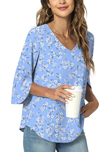 TAOHUADAO Damen Sommer Casual T-Shirt V-Ausschnitt Tunika Tops für Leggings Chiffon Bluse Shirt M, Blau-weiße Röschen von TAOHUADAO