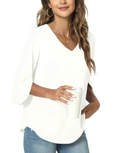 TAOHUADAO Damen Sommer Casual T-Shirt V-Ausschnitt Tunika Tops für Leggings Chiffon Bluse Shirt XXL, Weiß von TAOHUADAO