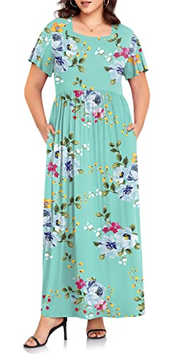 TAOHUADAO Damen Sommer Übergröße Kleider Rundhals Rüschen Kurzarm Freizeit Maxikleid XL-6XL mit Taschen, 2-mint grün, 6X-Groß von TAOHUADAO