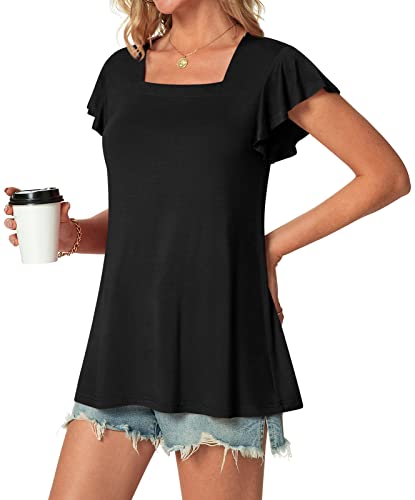 TAOHUADAO Damen-Top, lässig, quadratischer Ausschnitt, Rüschen, kurzärmelig, Tunika-T-Shirts für Damen, Größe M-XXL, 3014/Schwarz, 38 von TAOHUADAO