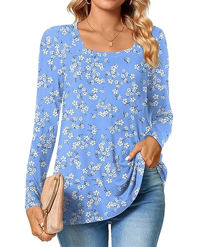 TAOHUADAO Womens 2023 Casual Langarm T-Shirts Quadratischer Ausschnitt Tunika Tops Lose Bequeme Blusen im Herbst,Blaue weiße Blume,XXL von TAOHUADAO