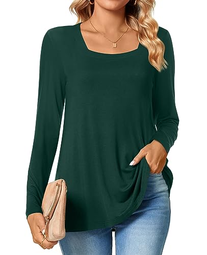 TAOHUADAO Womens 2023 Casual Langarm T-Shirts Quadratischer Ausschnitt Tunika Tops Lose Bequeme Blusen im Herbst,Dunkelgrün,M von TAOHUADAO