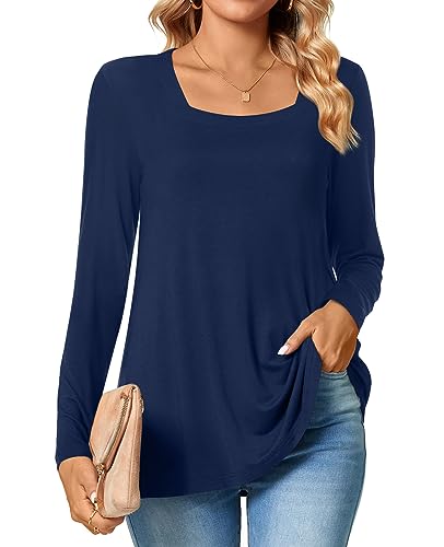 TAOHUADAO Womens 2023 Casual Langarm T-Shirts Quadratischer Ausschnitt Tunika Tops Lose Bequeme Blusen im Herbst,Marineblau,M von TAOHUADAO