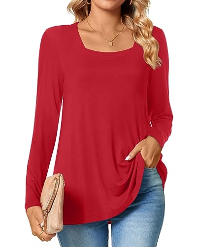 TAOHUADAO Womens 2023 Casual Langarm T-Shirts Quadratischer Ausschnitt Tunika Tops Lose Bequeme Blusen im Herbst,Rot,M von TAOHUADAO