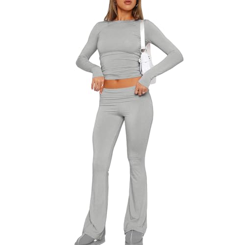 Anotherchill 2-teiliges Lounge-Set Für Damen, 2 Piece Lounge Sets Lounge Wear Damen Jog-ger Anzug Langarm Crop Top Und Umklappbare Damen Yoga Schlaghose Lounge Sweatsuits Set von TAOLE