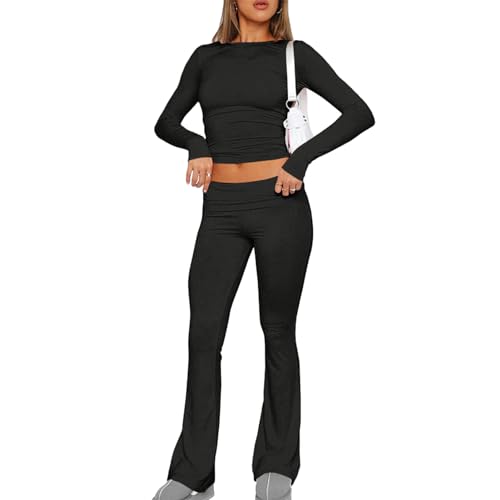 Anotherchill 2-teiliges Lounge-set Für Damen, 2 Piece Lounge Sets Lounge Wear Damen Jog-ger Anzug Langarm Crop Top Und Umklappbare Damen Yoga Schlaghose Lounge Sweatsuits Set von TAOLE