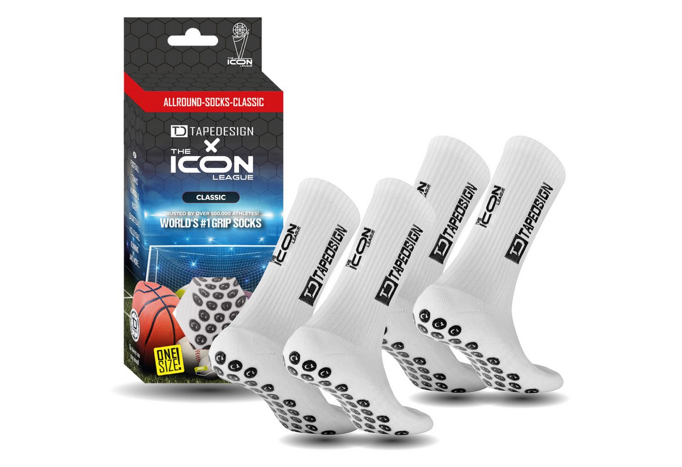TAPEDESGIN x THE ICON LEAGUE Sportsocken & Fußballsocken (2 Paar) Classic Grip Socks für Herren & Damen (2er Set, Weiß) Football & Sport-Socken für Erwachsene & Jugendliche Made in Europe von TAPEDESGIN x THE ICON LEAGUE