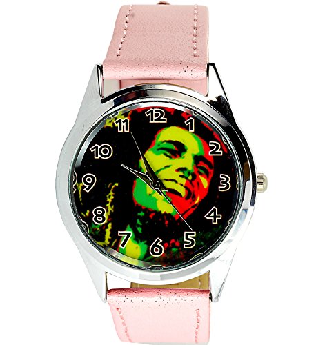 taport® BOB MARLEY Bergkristall rund Armbanduhr Pink Echt Leder Band + Gratis Ersatz Batterie + Gratis Geschenkverpackung von TAPORT