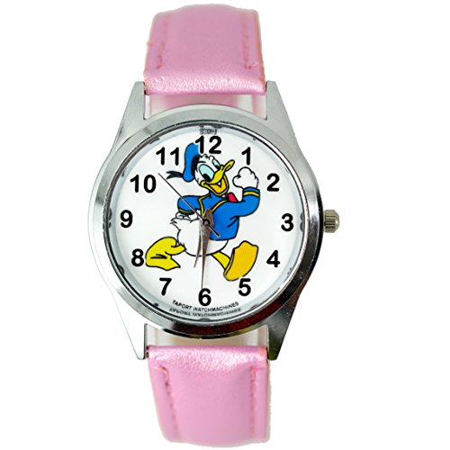 TAPORT®, Quarz-Armbanduhr mit Donald-Duck-Motiv (Disney) und rosafarbenem Lederarmband, mit Ersatzbatterie und Geschenkbeutel. von TAPORT