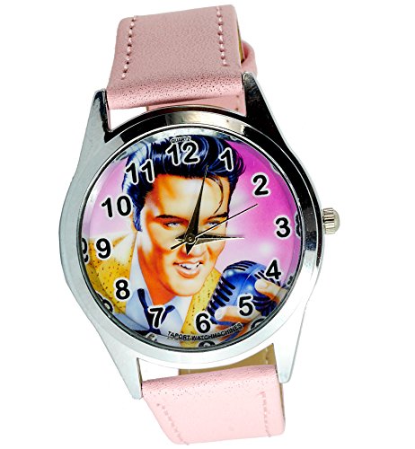 taport® Elvis Presley Bergkristall rund Armbanduhr Pink Echt Leder Band Farbe Zifferblatt + Gratis Ersatz Batterie + Gratis Geschenkverpackung von TAPORT