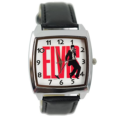 taport® Elvis Presley Musik Armbanduhr Legend quadratisch QUARZ schwarz Echt Leder Band E2 Zifferblatt + Gratis Ersatz Batterie + Gratis Geschenkverpackung von TAPORT