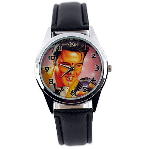 taport® Elvis Presley Quarz Runde Uhr Schwarz Echt Leder Band Farbe Zifferblatt + Gratis Ersatz Batterie + Gratis Geschenkverpackung von TAPORT