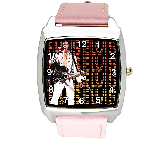 Taport® Elvis Presley Vegas Music Legend Quarzuhr mit Zifferblatt aus echtem Leder, Rosa von TAPORT