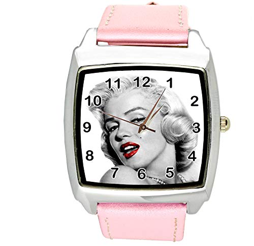 Taport® Quarzuhr / Armbanduhr, quadratisch, Armband aus echtem Leder in Pink, Zifferblatt mit Marilyn Monroe-Design + Ersatz-Batterie + Geschenkverpackung von TAPORT