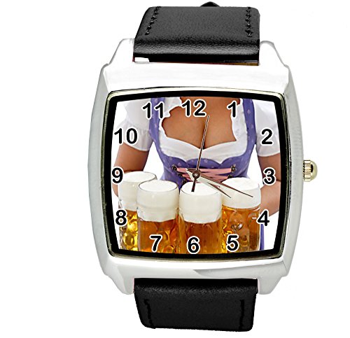 TAPORT® Oktoberfest Bier Quarz Uhr quadratisch schwarz Echtlederband von TAPORT