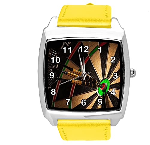 Armbanduhr für Dart-Fans, Leder, quadratisch, Gelb von TAPORT