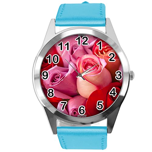 Blaue Leder-Armbanduhr für Blumen-Fans e3, blau von TAPORT