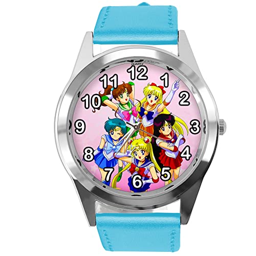 TAPORT Blaue Leder Runde Uhr für Manga Fans, blau, Gurt von TAPORT