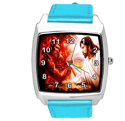 Blue Leather Square Devil vs Jesus Watch von TAPORT